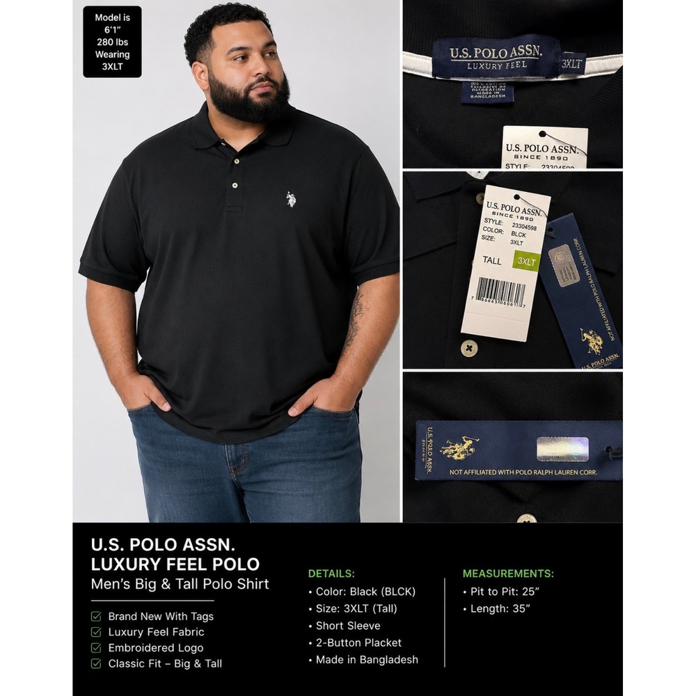 US Polo Assn Mens 3XLT Black Luxury Feel Short Sleeve Polo Shirt 100% Cotton NWT